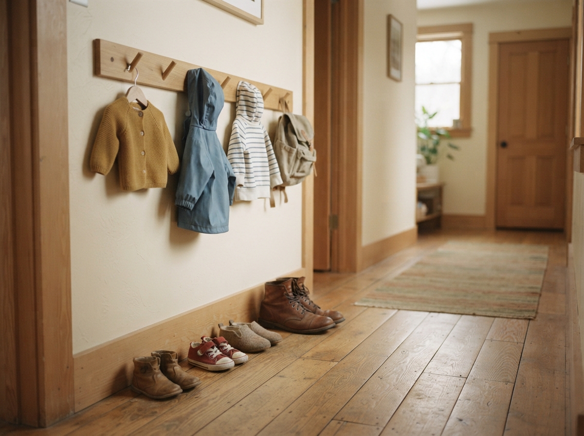 Kinderschuhe und Kinderjacken im Flur neben einem einzelnen Paar Erwachsenenschuhe