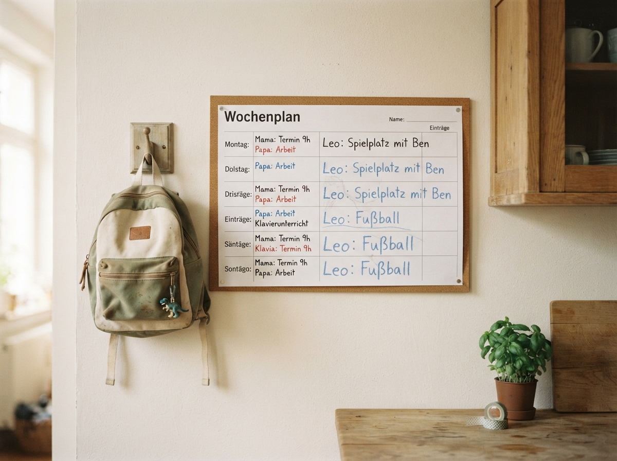 Familienkalender an der Küchenwand mit Einträgen in verschiedenen Handschriften, daneben hängt ein Kinderrucksack