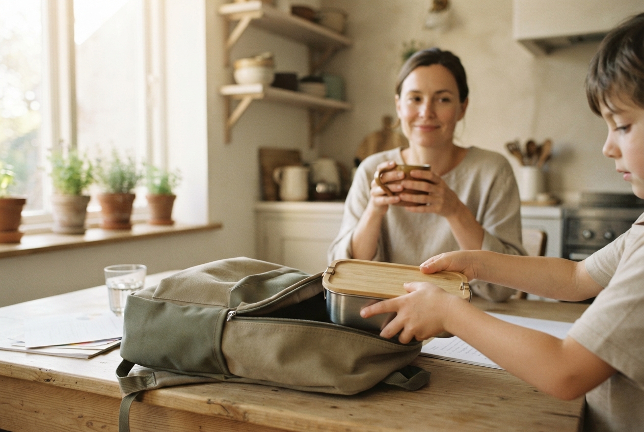 Kinderhände packen am Küchentisch selbst eine Brotdose in den Schulrucksack, im Hintergrund hält eine Erwachsene ruhig ihre Kaffeetasse