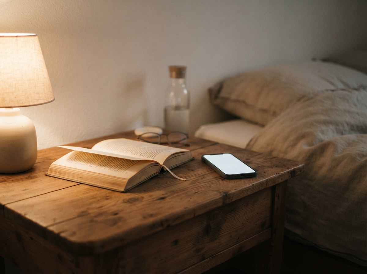 Nachttisch aus Holz im warmen Licht einer Leselampe, darauf ein aufgeschlagenes Buch und ein Smartphone mit dem Display nach unten