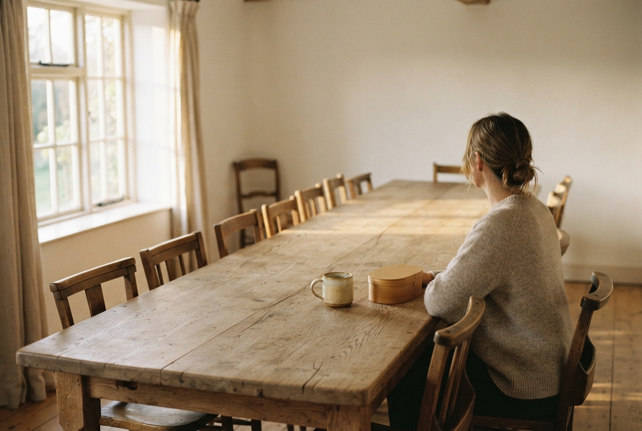 Langer Holztisch mit vielen leeren Stühlen im Morgenlicht, an einem Ende sitzt eine Frau allein mit einer Tasse