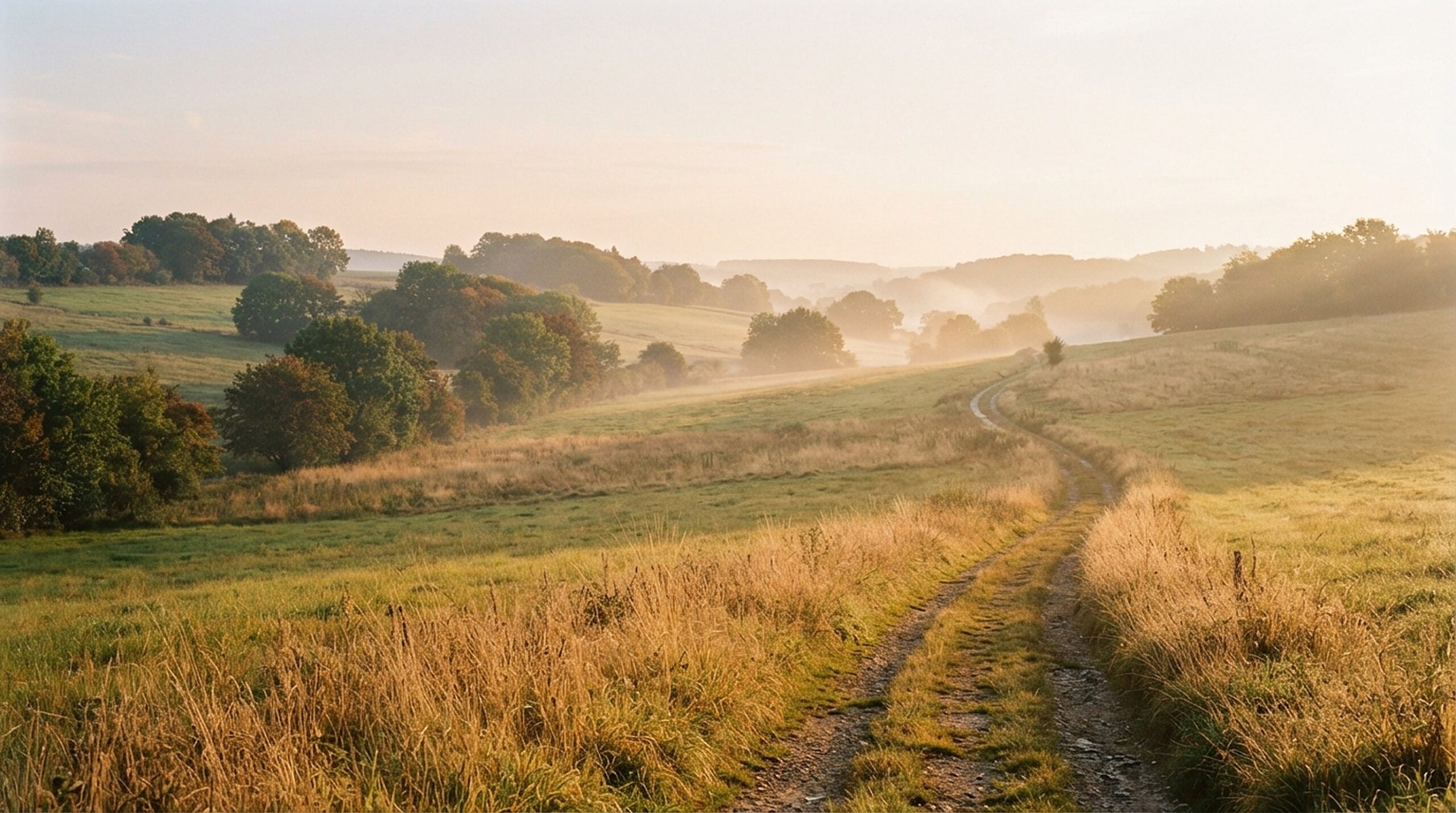 Feldweg durch die Hügel des Bergischen Landes im Morgenlicht